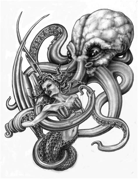 Huge grey octopus and pretty mermaid tattoo design