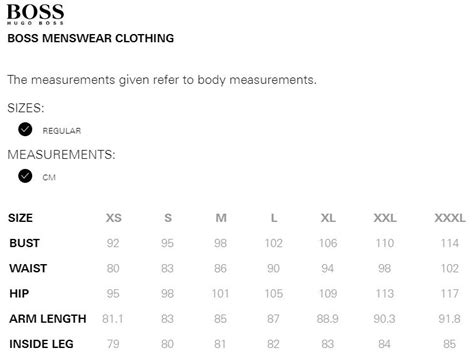 Hugo Boss Suit Size Chart