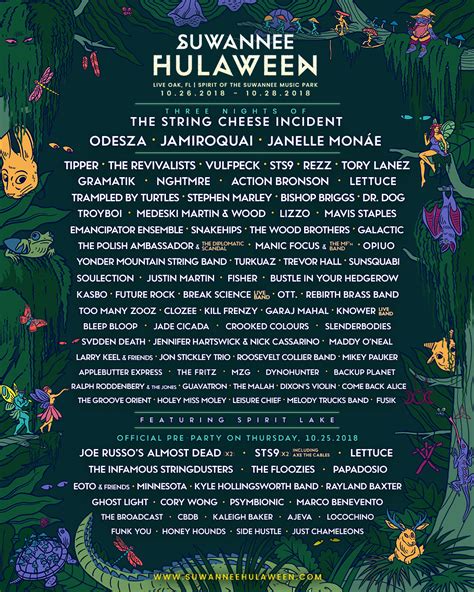 Hulaween lineup. Information, planning and discussion for Suwannee Hulaween music festival at the Spirit of Suwanee Music Park in Live Oak, FL. Members Online • Total-Inevitable-213 ... Silk Sonic probably costs more than the entire 2022 lineup combined lol Reply reply the_which_stage ... 