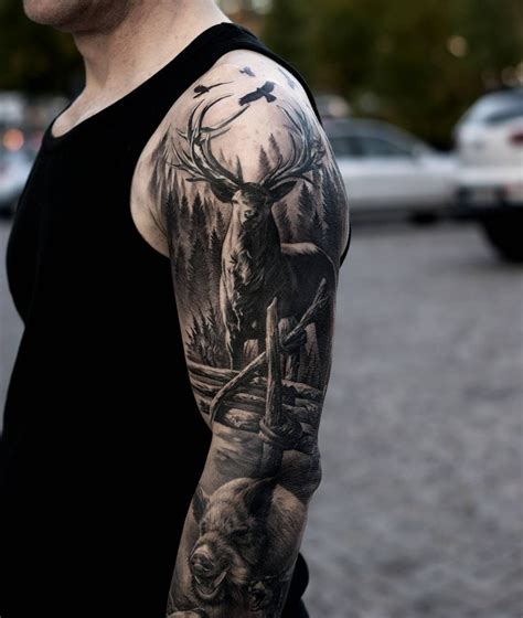 Hunting sleeve tattoos for guys. 10. Dragon Sleeve Tattoo. For all the tattoo lovers looking for a majestic, powerful and elegant symbol to use in their next ink, there are few other choices that can stand next to a dragon tattoo. It’s no wonder, as the dragon has complex symbology, combining the visual representation of a serpent and a bird. 