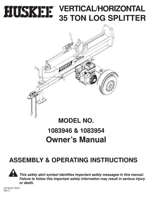 Manuals; Brands; Huskee Manuals; Log Splitter; 1083946; Huskee 1083946 Manuals Manuals and User Guides for Huskee 1083946. ... Huskee 1083946 Owner's Manual (18 pages) VERTICAL/HORIZONTAL 35 TON. Brand: Huskee | Category: Log Splitter | Size: 0.42 MB Table of Contents. 2. Table of Contents. 3. Important Safety Information ...
