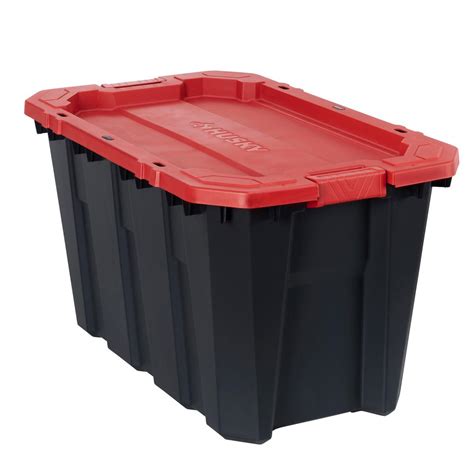 Husky 35 gallon tote. Store SKU # 1005255711. Hover Image to Zoom. 5 Gal. Latch and Stack Tote in Black with Red Lid. (4125) Questions & Answers (94) Perfect for your small storage needs. Plenty of storage for tools, accessories, keepsakes or toys. Heavy-duty handle latches and tie-down holes to keep totes secure. View Full Product Details. 