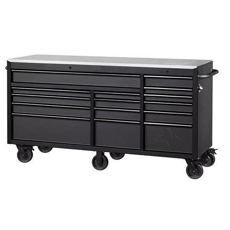 This innovative design on this adjustable height workbench allows a better ergonomic standing position, which can help reduce strain on the body and joints. This 72 inch matte black tool chest is made with 19-gauge steel and is 24 in. deep -which is 6 in. deeper than most standard rolling tool cabinets- providing more usable storage space. . 