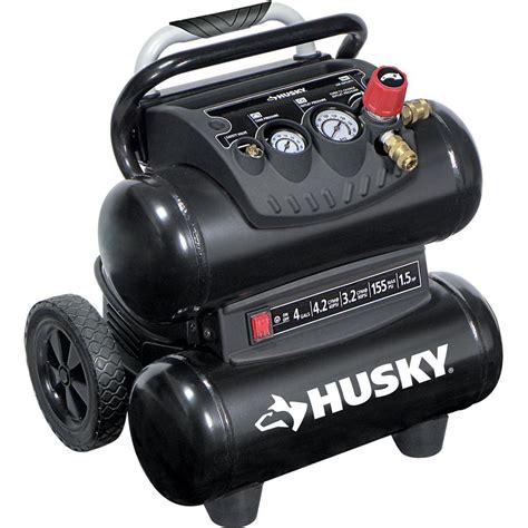 About This Product. Do the work without the noise with the Husky 4.5 Gal. Portable Electric Air Compressor. This quiet compressor operates at less than 65 dBA, but delivers 3.0 SCFM at 90 PSI. Ideal for household inflation jobs such as bike tires, car tires, air mattresses, sports balls and pool toys. It's also perfect for tools such as brad ... 