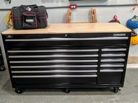 The Husky Pro 72 in. 20-Drawer Mobile Workbench Tool Chest is the base of the modular system and can be customized in multiple configurations with additional Husky PRO components such as a Hutch, Side Lockers and Top Lockers. This workbench is constructed with a heavy 16-Gauge steel welded body and interior panels with a 9-Gauge steel base frame.. 
