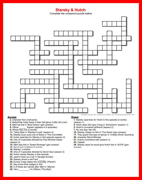 The crossword clue Wilson of 'Starsky and Hutch' with 4 letters was last seen on the September 26, 2018. We found 20 possible solutions for this clue. Below are all possible answers to this clue ordered by its rank. You can easily improve your search by specifying the number of letters in the answer.. 