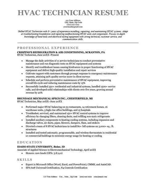 Hvac resume. Follow these steps to write a maintenance technician resume: 1. Format your resume. Begin by choosing a format for your resume. You can use a reverse-chronological resume to highlight your relevant work experience or a functional resume format to emphasize your skills, such as mechanical ability and … 