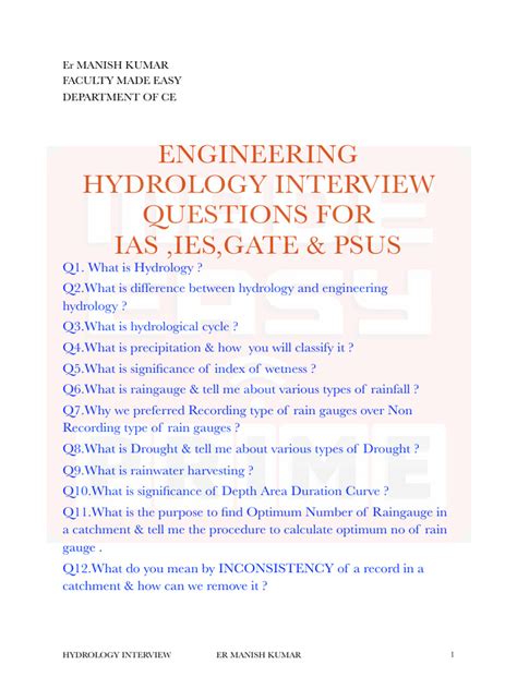 Hydrology interview questions.  Get yourself ready for your upcoming interview.  This document c...