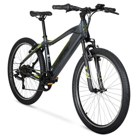 Ride in style with the Hyper E-Ride Electric Bike, 700C Wheels, and 36V Battery. It features a Shimano grip shifter and rear derailleur gear system. The blue electric bike includes front and rear V-brakes for enhanced stopping power and front suspension forks for a comfortable ride. . 