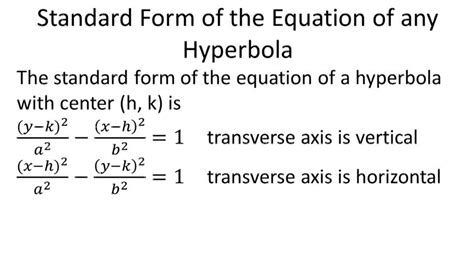 Example: The equation of the hyperbola is given as (x - 5) 2 /4 2 - (y - 2) 2 / 2 2 = 1. Use the hyperbola formulas to find the length of the Major Axis and Minor Axis. Solution: Using the hyperbola formula for the length of the major and minor axis. Length of major axis = 2a, and length of minor axis = 2b..