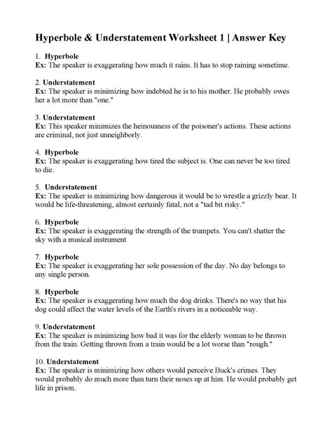 Hyperbole and Understatement Worksheet 1 Answers