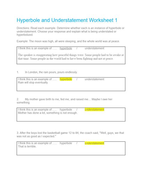 Hyperbole and Understatement Worksheet 1 PDF