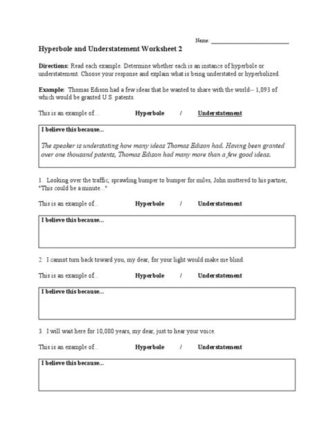 Hyperbole and Understatement Worksheet 2 Directions PDF