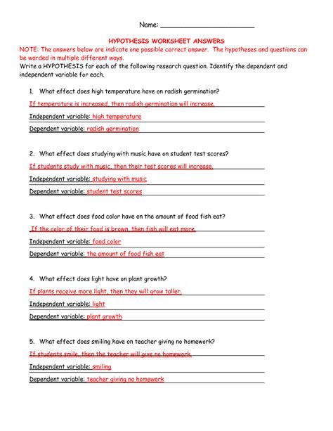 Hypothesis And Variables Worksheet Answer Key