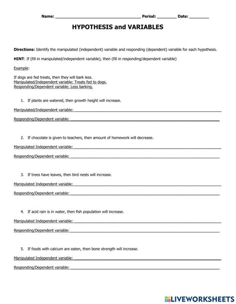 Hypothesis And Variables Worksheet One Answer Key