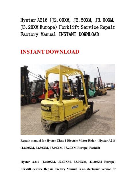 Hyster a216 j2 00 3 20xm europe service forklift shop manual workshop repair book. - Guide des m tiers le g nie civil.