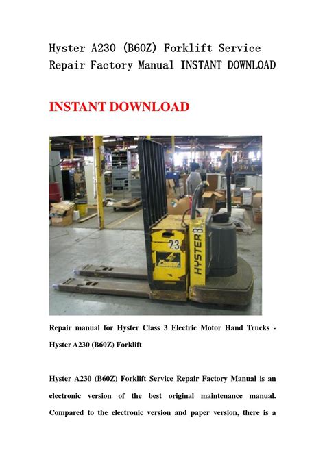 Hyster a230 b60z forklift service repair factory manual instant. - Mercury outboard repair manual 120 hp.