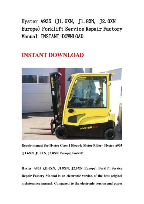 Hyster a935 j1 6xn j1 8xn j2 0xn europe forklift service repair factory manual instant download. - Ingersoll rand ssr ml 4 manual.
