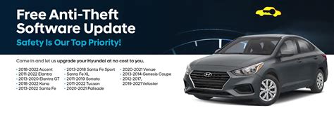 Hyundai anti theft software update. 2 days ago · Kia to Host Free Software Updates and Anti-Theft Clinic in Arlington. Story by Teia Collier. • 3m • 1 min read. Remember when the theft of certain Kia vehicles went viral on social media? We ... 