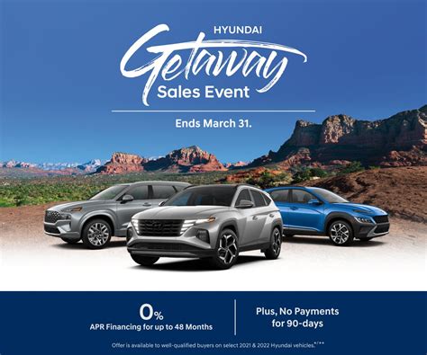 Hyundai getaway sales event. Save on the new car or SUV you really want with Schomp Hyundai's current Hyundai special offers. Check out our current sales! ... $1,000 23MY Sell Down Sales Event Cash available on eligible 2023 HYUNDAI SANTA FE trims purchased from participating markets. Must purchase from dealer stock between 3/1/2024 and 4/1/2024. 