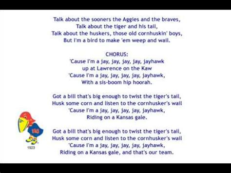 Oct 4, 2016 ... ... lyrics “Goodbye to Texas University” back home in a letter while he ... University of Kansas, “I'm a Jayhawk”. No need to learn the words to .... 