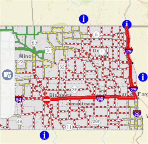 Check the road conditions from Minneapolis to Bismarck (North Dakota) and plan a trip based on the weather along the way. ... Roadwork on I-94 from I-29 to 25th St. Also work on signs on I-29. I-29 NB & SB ramps to go EB on I-94 are also reduced to 12' wide. I-29 TO 25TH ST INTERCHANGE.. 