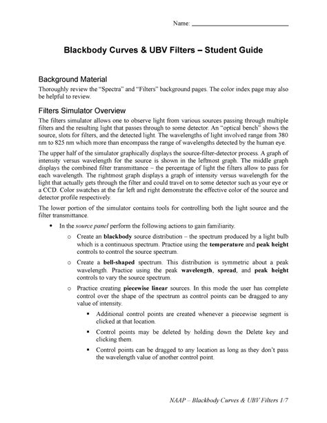 I Lab 5: Blackbody Curves & UBV Filters - Worksheet - Chegg