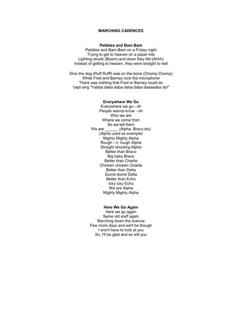 Running Cadence - Essential Bootcamp Workout of the U.S. Military Album Lyrics; 1. C-130 Rolling Down the Strip Lyrics: 2. How'd Ya Earn Your Livin' Lyrics: 3. Let 'Em Blow, Let 'Em Blow Lyrics: 4. Mile Ten, Let's Do It Again Lyrics: 5. I Can Run to Haiti Just Like This Lyrics: 6. I Am Marine Corps, Infantry Lyrics: 7. I Wanna Be a Drill .... 