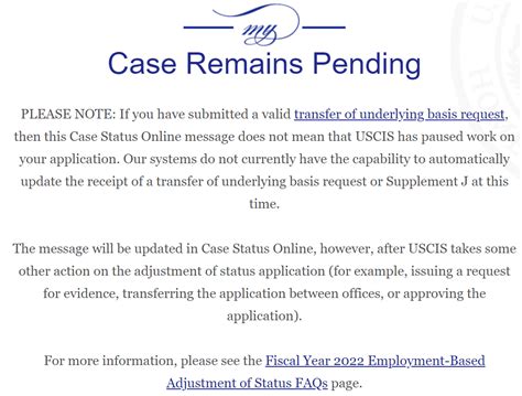 My 1-485 has being pending since them and moved from Nebraska to NBC and i think is in California now. ... 2022 Case Remains Pending PLEASE NOTE: If you have submitted a valid transfer of underlying basis request, then this Case Status Online message does not mean that USCIS has paused work on your application.. 