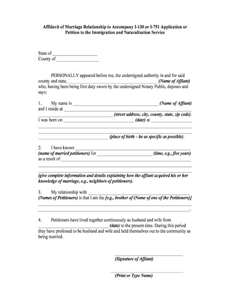 The Affidavit should be filled out by a US citizen or permanent resident who has known you since the time of your wedding. At least two affidavits should be submitted. (you can of course submit more than two) For Item #3 on the example affidavit, here are some examples of information that might be written: