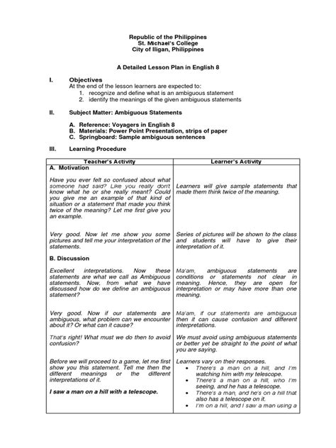 I. Objectives Lesson Plan Teaching