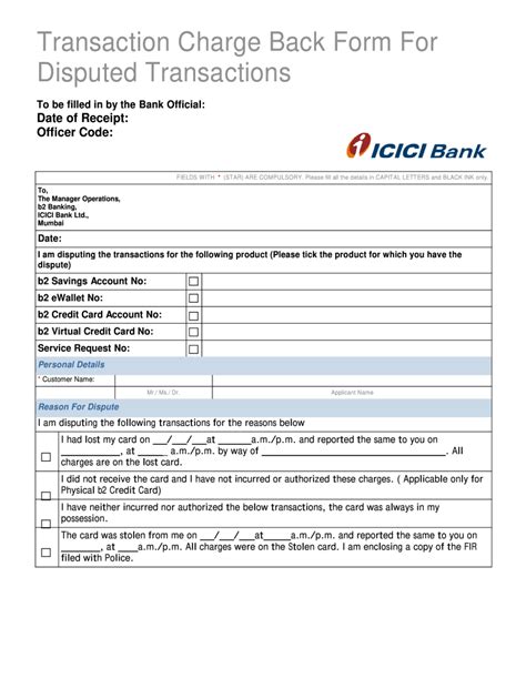 ICCI Bank Transaction Charge Back Form For Disputed Transactions Fill