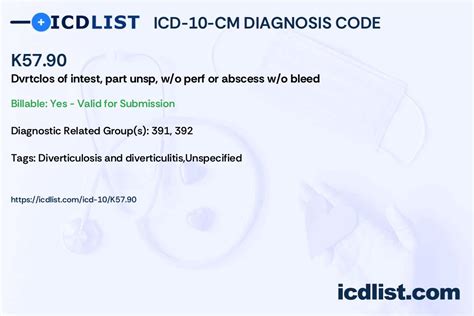 ICD-10-CM Code K57.90 - Diverticulosis of intestine, part unspecified