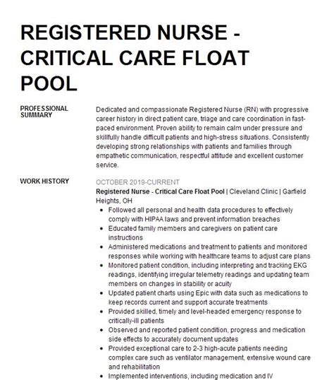 ICU Float Nurse Resume Sample : Resume My Career