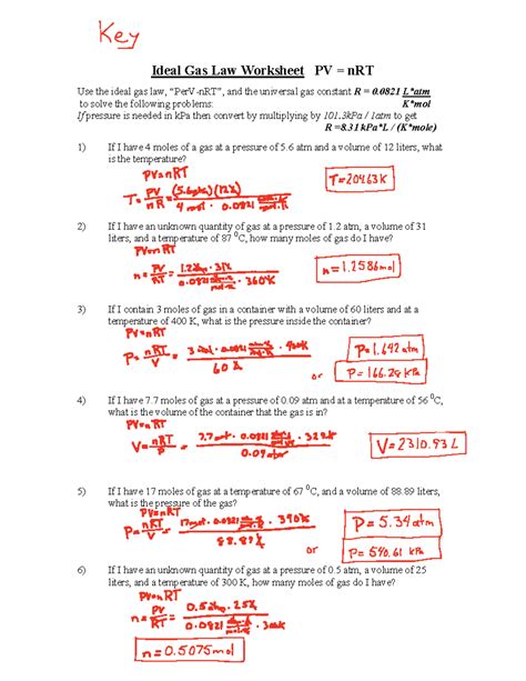 Ideal Gas Law Worksheet PV = nRT - wintechmobiles.com
