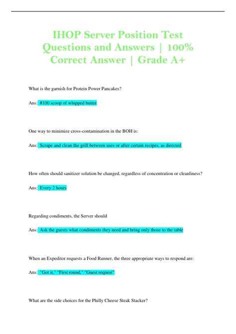 IHOP Server Position Test Questions and Answers 100 Correct Answer