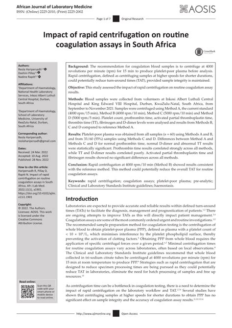 Impact of rapid centrifugation on routine coagulation assays in South ... - wintechmobiles.com
