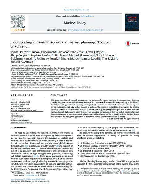 Incorporating ecosystem services in marine planning: The role of valuation - raincitystudios.com