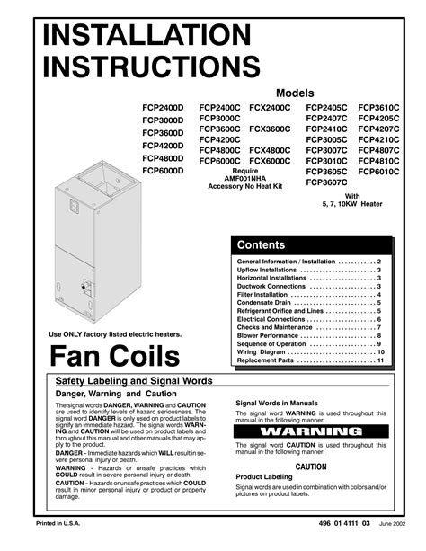 INSTALLATION INSTRUCTIONS Fan Coils