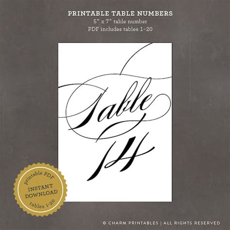 INSTANT DOWNLOAD Printable Calligraphy Script Table Numbers