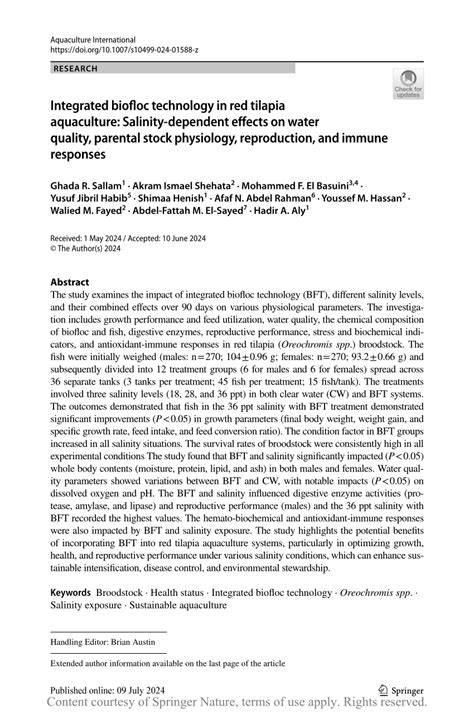 Integrated biofloc technology in red tilapia aquaculture: Salinity ... - raincitystudios.com