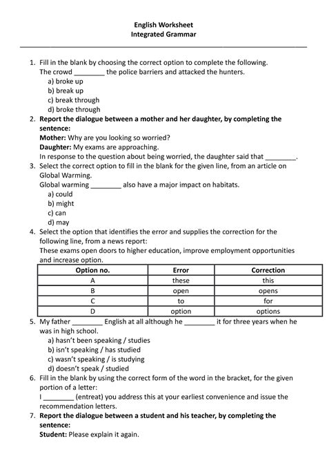 INTEGRATED GRAMMAR PRACTICE WORKSHEET - Brainly.in