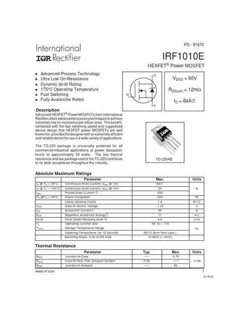 IRF1010E MOSFET Pinout, Features, Equivalents & Datasheet - Compon…