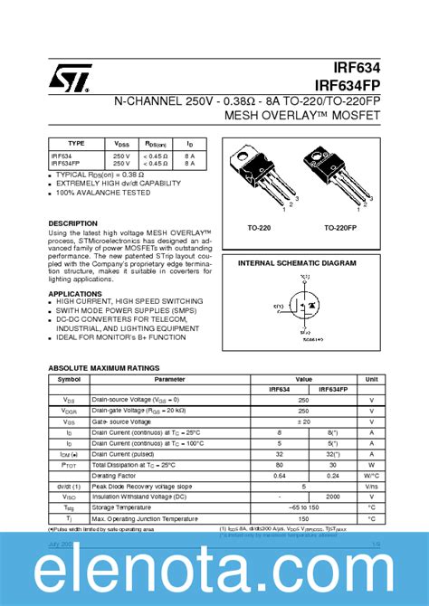 IRF634 Datasheet catalog