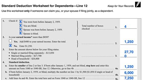 IRS Form 1040 Standard Deduction Worksheet 1040 Form Printable