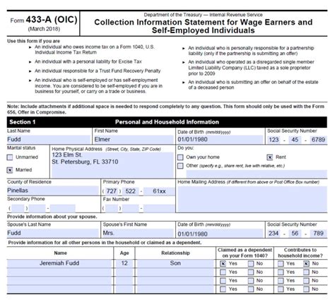IRS Form 433A (OIC) Offer in Compromise Example numbers used that