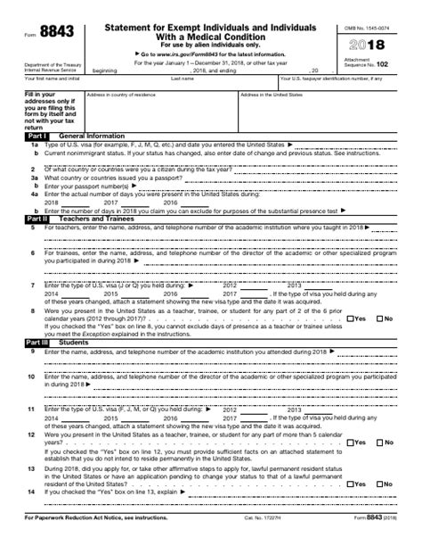 IRS Form 8843 Download Fillable PDF or Fill Online Statement for Exempt
