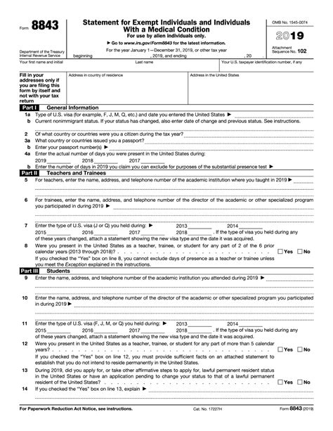 IRS Form 8843 Editable and Printable Statement to Fill out