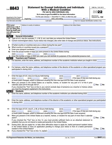 IRS Form 8843. Statement for Exempt Individuals and Individuals with a