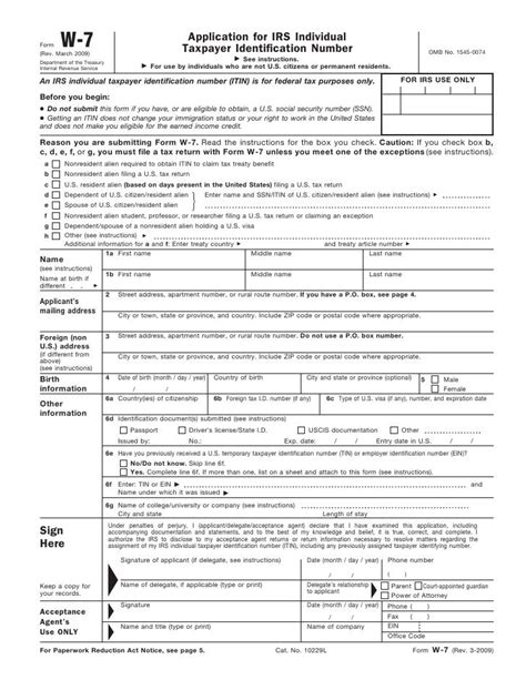 IRS Form W7 Applying for Individual Taxpayer Identification Number